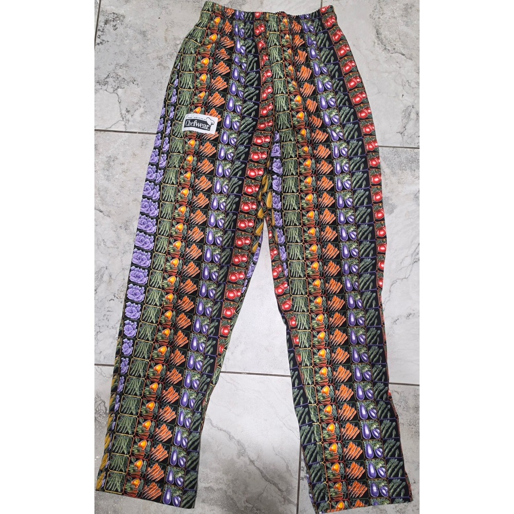 Chefwear Vegetable Print Baggy Chef Pants Cotton Black Small Made in USA Rare